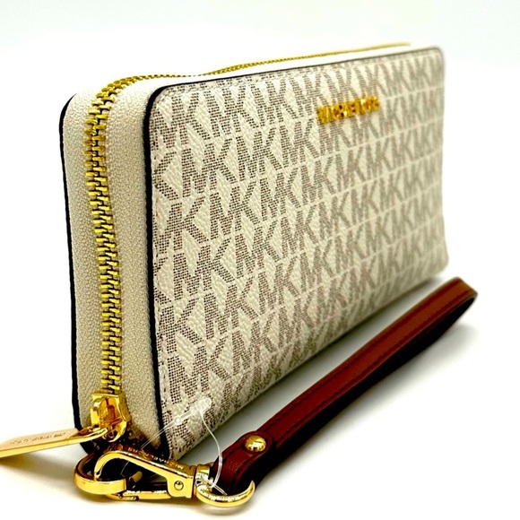 Michael Kors Large Continental Wallet Wristlet Vanilla/Brown - Picture 1 of 10